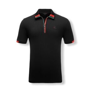 Black Polo Shirt with Red and Green Accents